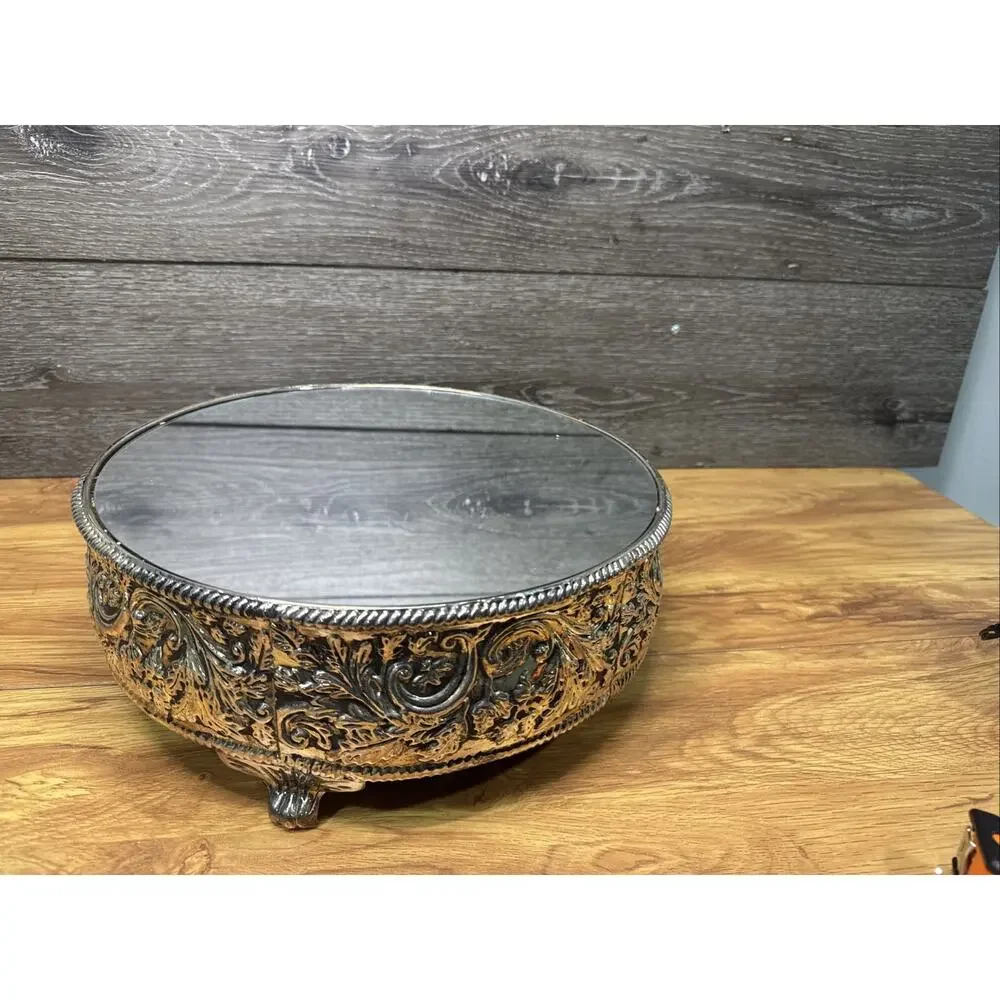 Studio Silversmiths Silver Plated Mirror 12in Round Floral Cake Stand